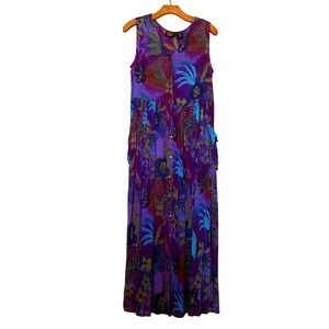Bila Vintage 90s Purple Floral Crinkle Maxi Dress Sleeveless Button Front S